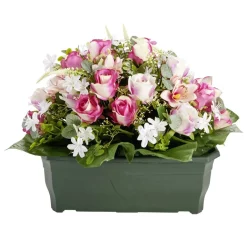Composition florale artificielle rose orchidée bruyère jardinière L50xH42cm