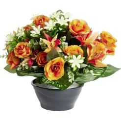 Composition florale artificielle lys rose eucalyptus orange vasque Ø38xH35cm