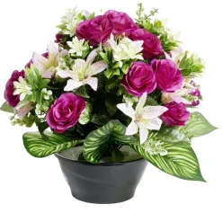 Composition florale artificielle rose orchidée bruyère orange jardinière H42cm