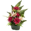 Composition florale artificielle dahlias et lys rouges jardinière L37xH45cm