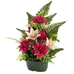 Composition florale artificielle dahlias et lys rouges jardinière L37xH45cm