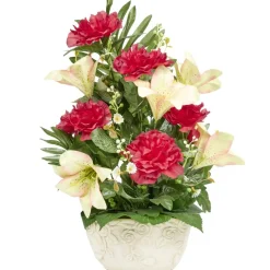 Composition florale jardinière pivoine lys et mini fleurs avec ciment 42xH52cm (3 modèles) < Gifi