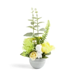 Composition funéraire ange avec rose/eucalyptus jaune Ø16xH28cm