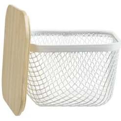 Corbeille cuisine 2L métal grillagé blanc avec couvercle bambou 15x15xH11cm