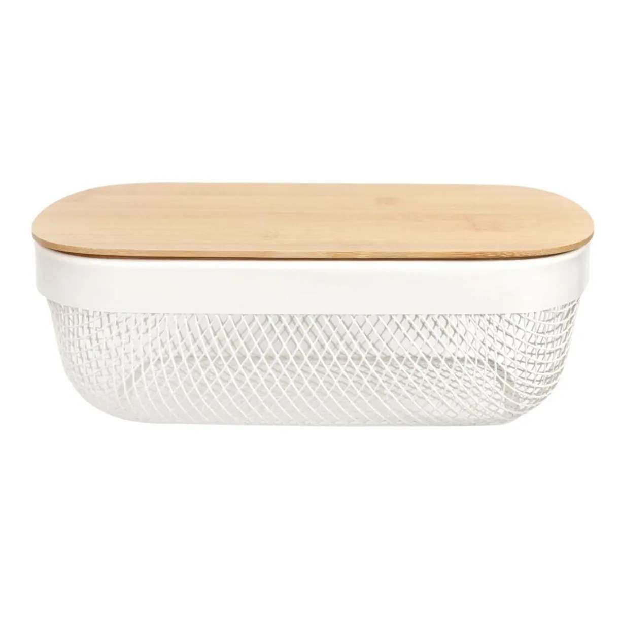 Corbeille cuisine 3L métal grillagé blanc avec couvercle bambou 28x18xH9cm < Gifi New