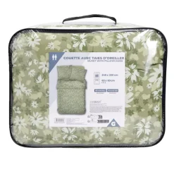 Couette 2 personnes 240x220cm avec 2 taies d'oreiller polyester motif floral vert < Gifi Hot