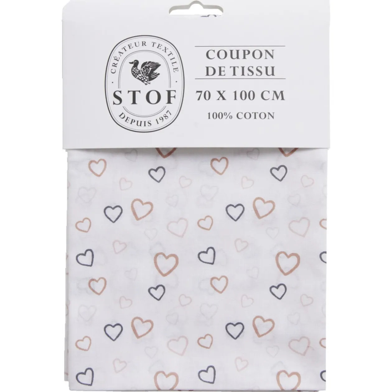 Coupon tissu imprimé coeurs 70x100cm coton blanc