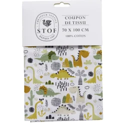 Coupon tissu imprimé dinosaures 70x100cm coton blanc, vert et orange < Gifi Sale