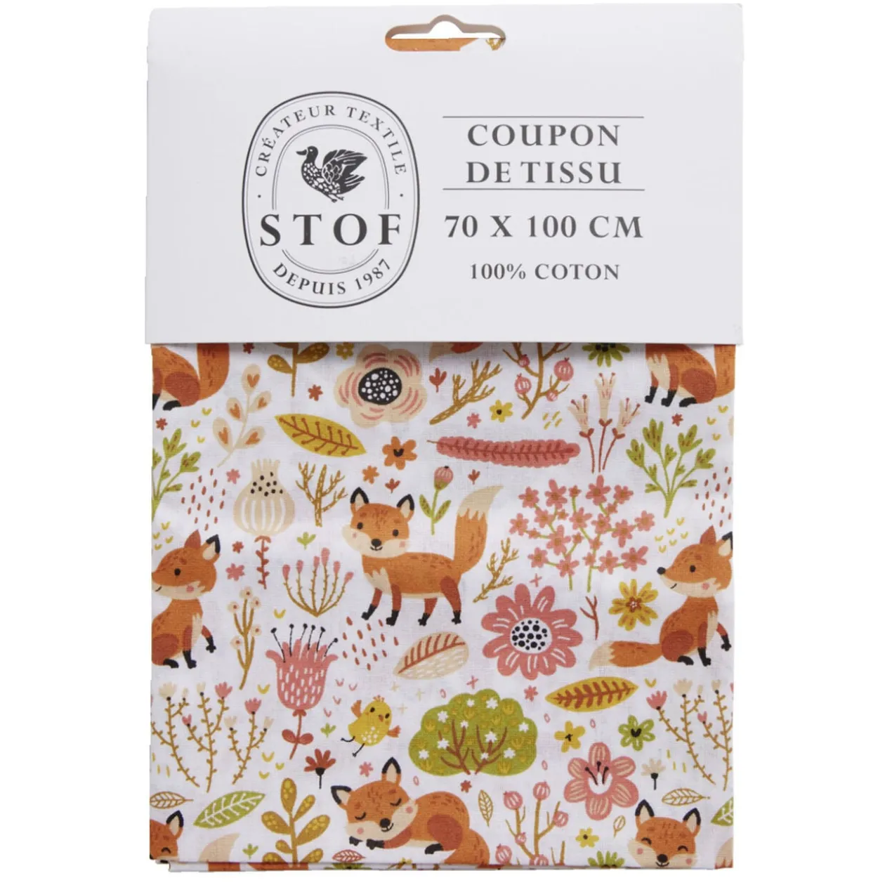 Coupon tissu imprimé Foxy Roux 70x100cm coton blanc, rose et orange