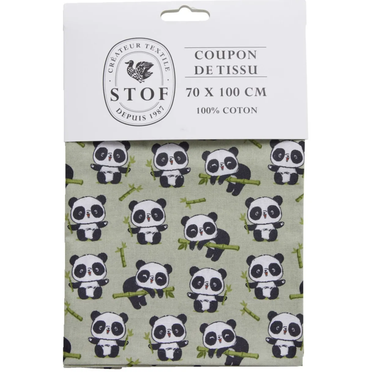 Coupon tissu imprimé panda 70x100cm coton vert, noir et blanc < Gifi Discount