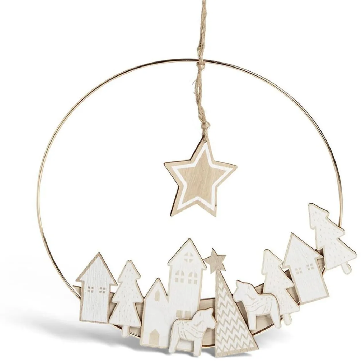 Couronne à suspendre village de Noël doré