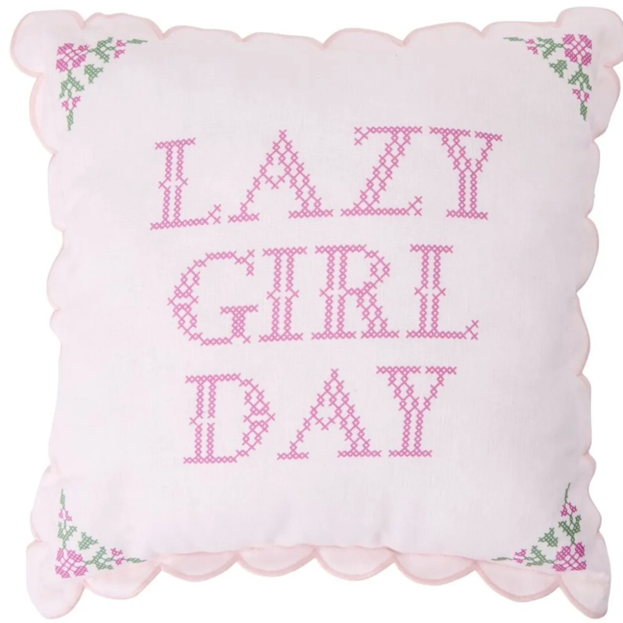 Coussin carré Girl façon point de croix contour ondulé 44x44cm (2 modèles)
