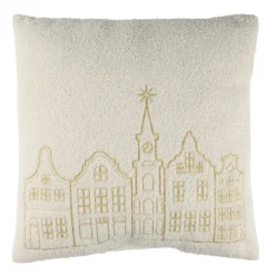 Coussin carré imprimé village de Noël tissu bouclette L40X40Xép. 8 cm blanc