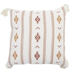 Coussin carré Indie blanc motif orange avec pompons 40x40cm