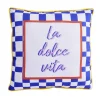 Coussin carré inscription La Dolce Vita bleu et blanc 40x40cm