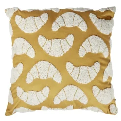 Coussin carré jaune motif bouclette croissants blancs 40x40cm