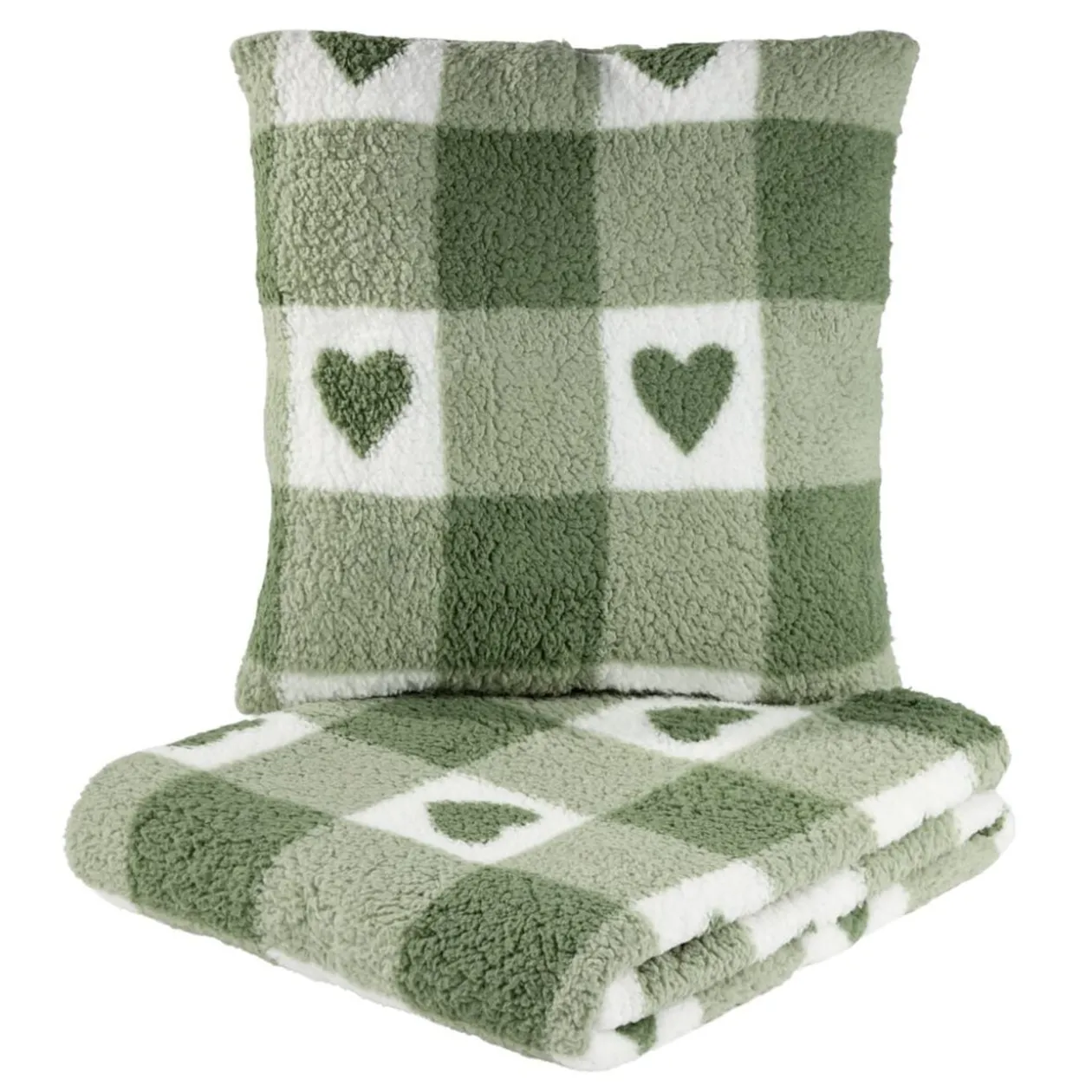 Coussin carré L45X45 cm et plaid L160X130 cm motif assorti polyester (3 modèles rouge/beige/vert)