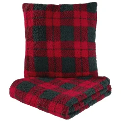 Coussin carré L45X45 cm et plaid L160X130 cm motif assorti polyester (3 modèles rouge/beige/vert)