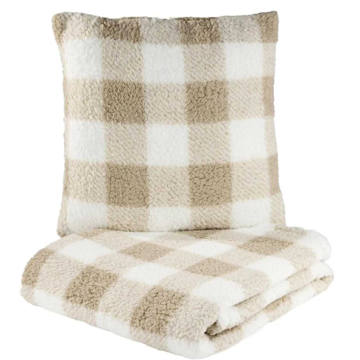 Coussin carré L45X45 cm et plaid L160X130 cm motif assorti polyester (3 modèles rouge/beige/vert)