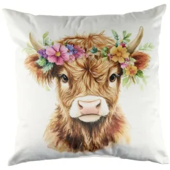 Coussin carré vache Highland avec fleurs velours imprimé 45x45cm