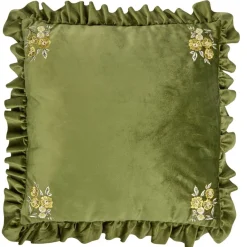Coussin carré à volant angles fleurs brodées 40x40cm (2 modèles marron ou vert)
