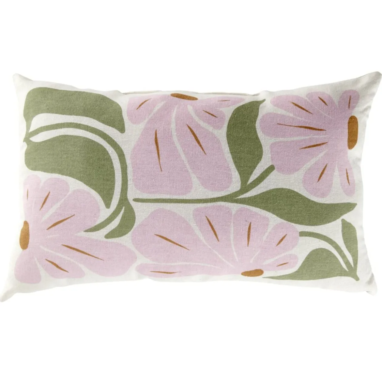 Coussin déco rectangulaire blanc motif floral rose et vert 30x50cm