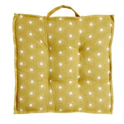 Coussin de sol carré jaune moutarde motifs pois blancs 40x40cm