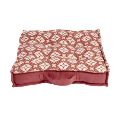 Coussin de sol carré rouge terracotta motifs blancs 40x40cm