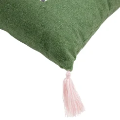 Coussin rectangulaire motif tigre vert foncé avec pompons roses 30x50cm
