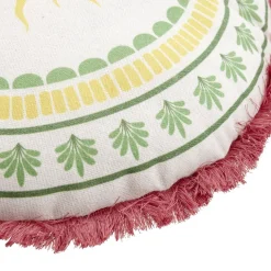 Coussin rond lin motif estival bord à franges Ø40cm (2 modèles soleil ou palmier) < Gifi
