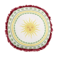 Coussin rond lin motif estival bord à franges Ø40cm (2 modèles soleil ou palmier) < Gifi