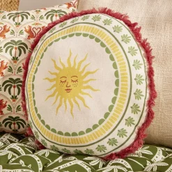 Coussin rond lin motif estival bord à franges Ø40cm (2 modèles soleil ou palmier) < Gifi