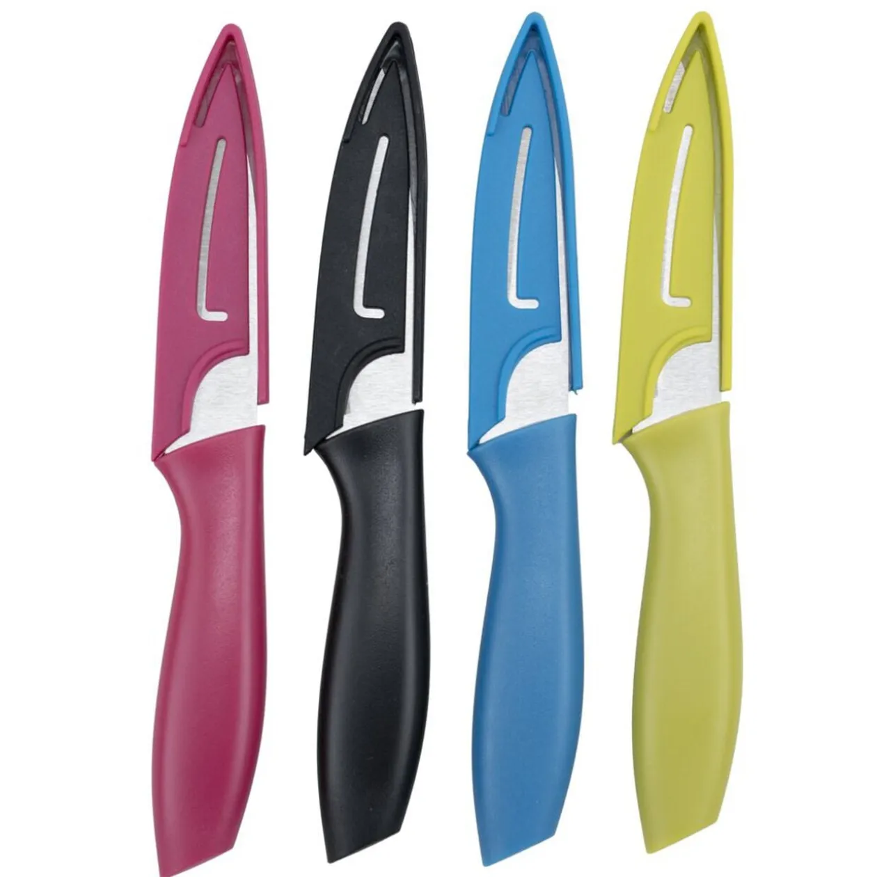 Couteau de cuisine x4 lame inox manche plastique coloré et étuis L19,5cm