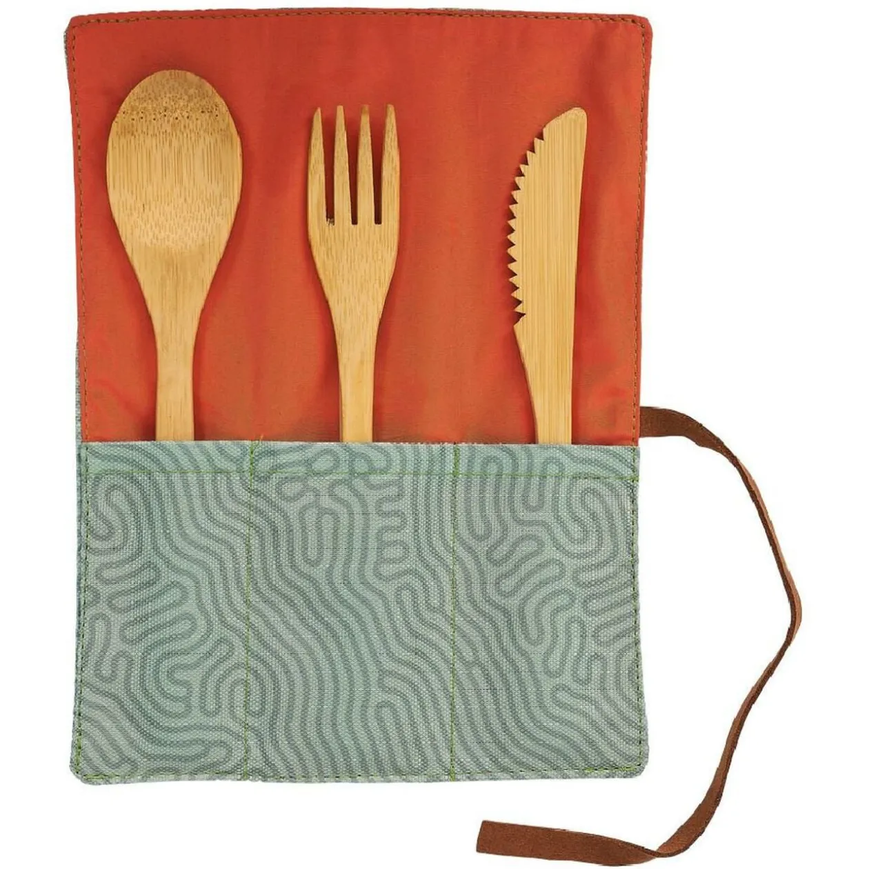 Couverts en bambou x3 pochette tissu vert et orange
