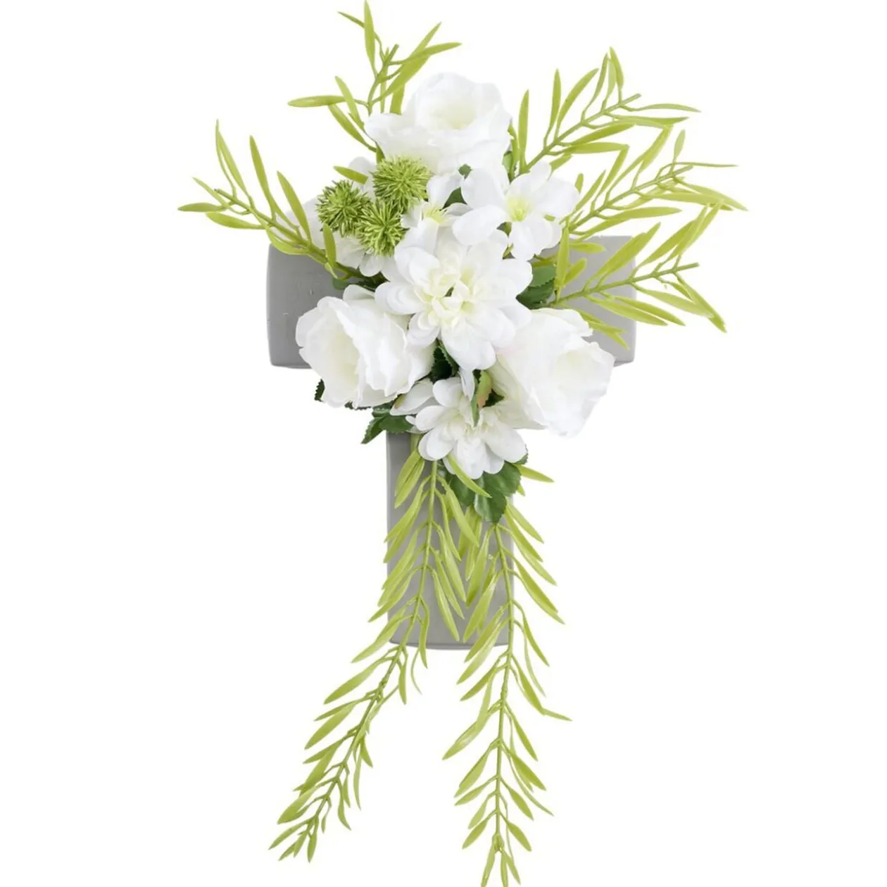 Croix funéraire en ciment avec oeillet blanc 26x17,5xH13cm