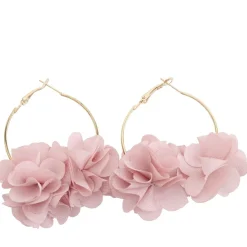 Créoles métal doré avec fleur tissu rose Ø3,5cm