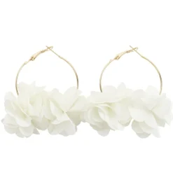 Créoles métal doré avec fleur tissu blanc Ø3,5cm