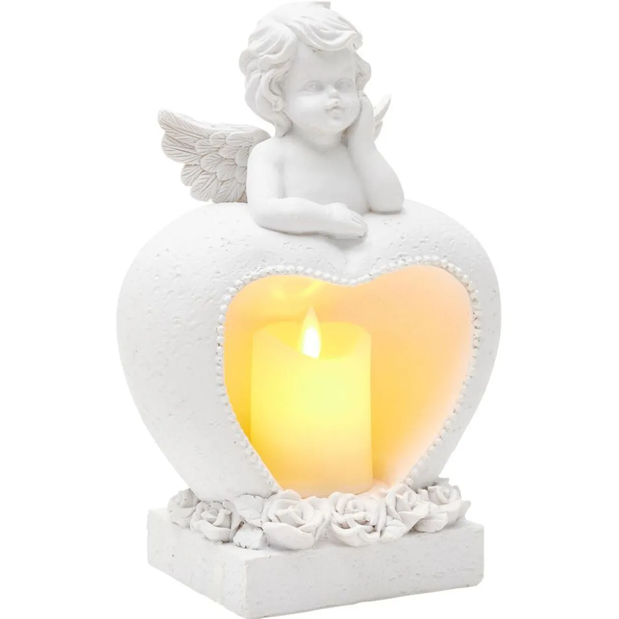 Décoration ange et coeur funéraire avec bougie LED flamme vascillante