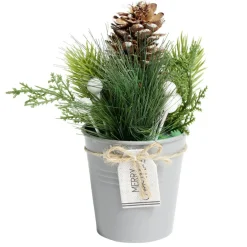 Décoration branche de pin dans pot gris Ø8xH10cm