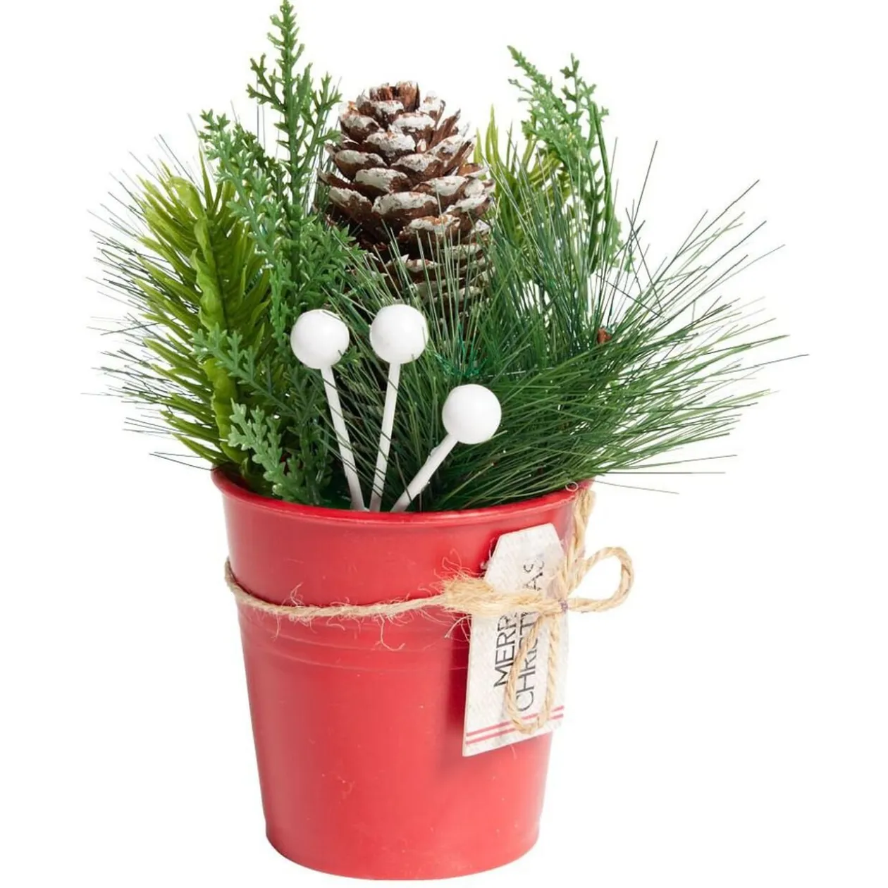Décoration branche de pin dans pot rouge Ø8xH10cm