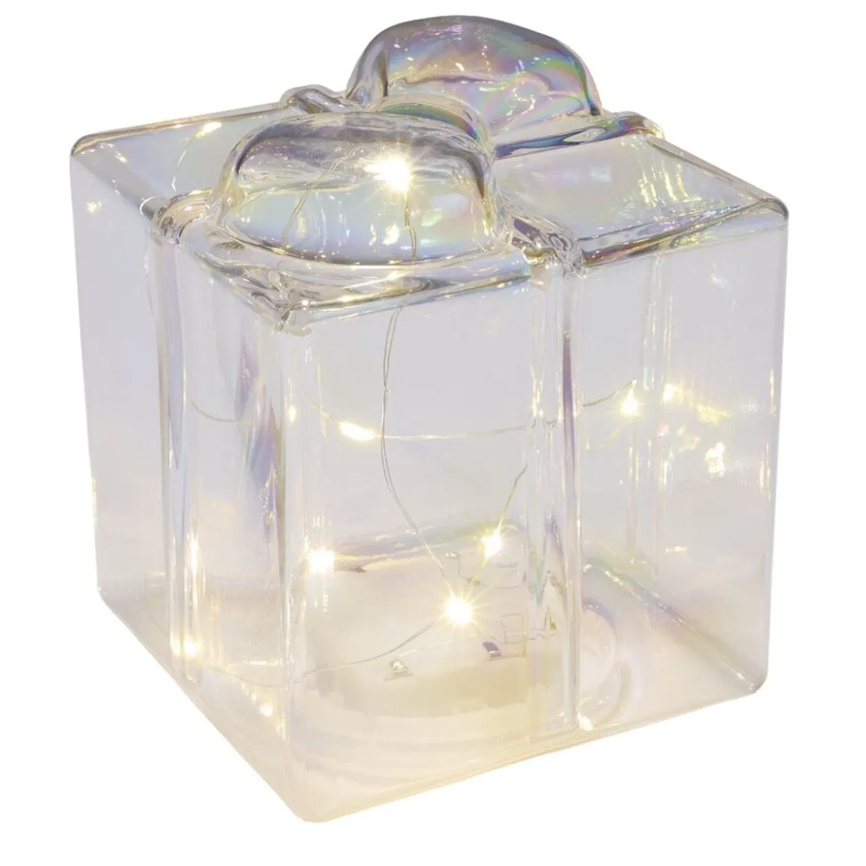 Décoration de Noël LED cadeau lumineux irridescent transparent 12x12xH13cm