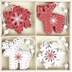 Décoration de Noël à suspendre en bois rouge et blanc x12