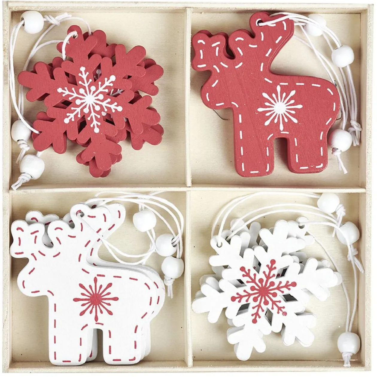Décoration de Noël à suspendre en bois rouge et blanc x12