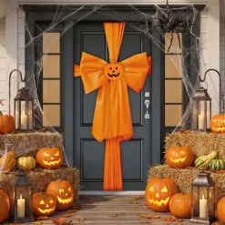 Décoration de porte Halloween noeud orange avec citrouille 160xH232cm