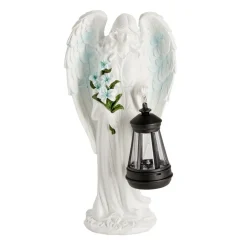 Décoration funéraire ange polyrésine avec lanterne LED 15,5x9xH31cm