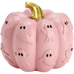 Décoration Halloween citrouille fantômes relief résine rose Ø16xH13,5cm