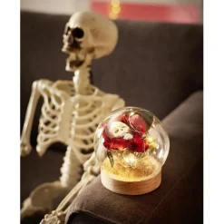 Décoration Halloween fleur immortelle LED sous bocal avec tête de mort Ø12cm