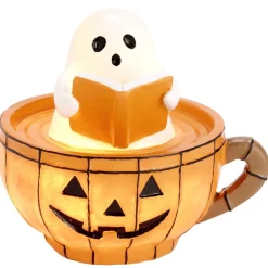 Décoration Halloween LED tasse fantôme citrouille résine orange