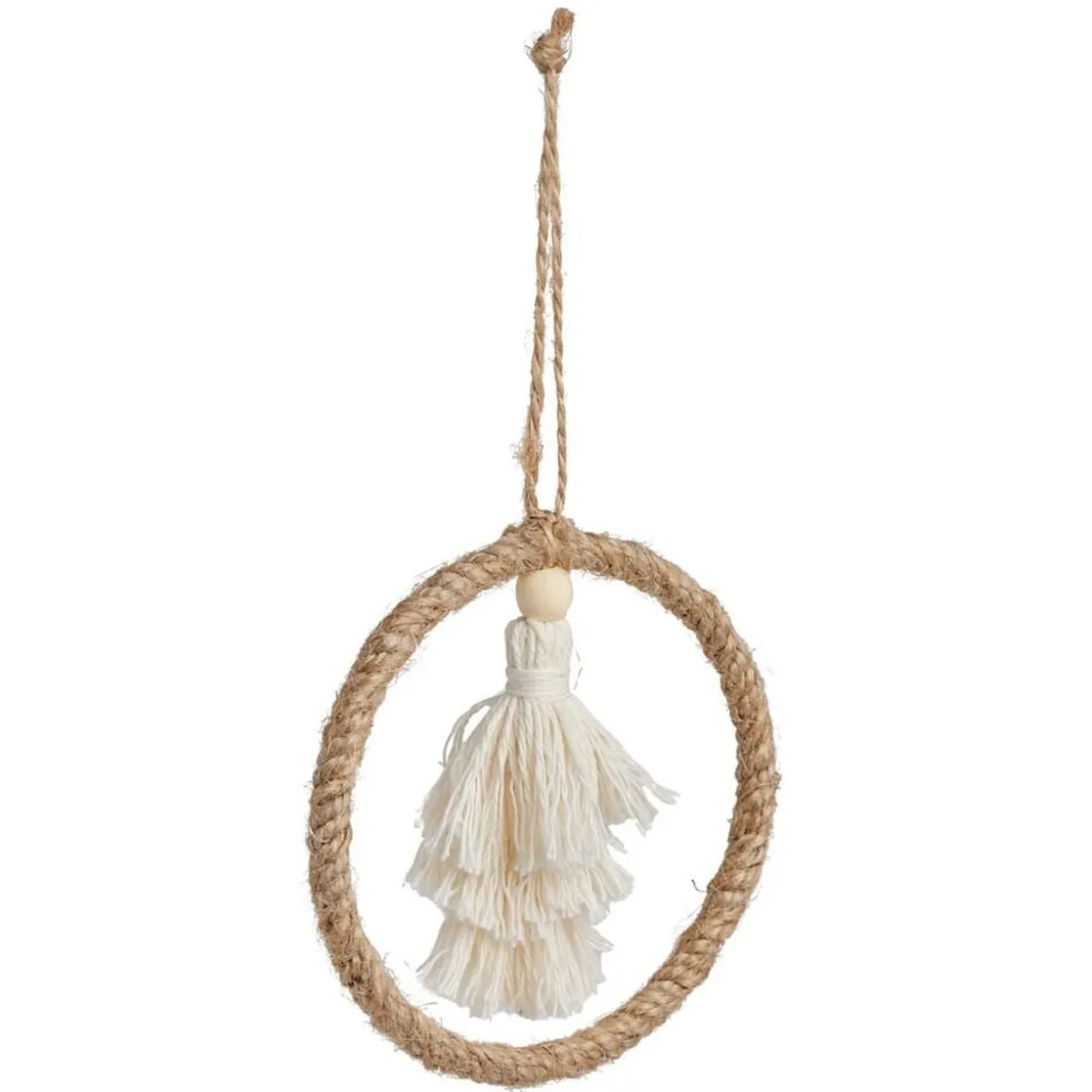 Décoration pompon dans cercle à suspendre beige Ø10cm