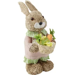 Décoration à poser lapin fermier en paille avec accessoires H32cm (2 modèles)